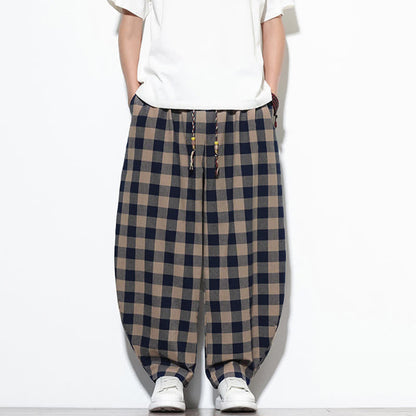 Buddha Stones Summer Plaid Pattern High Waist Drawstring Men's Harem Pants With Pockets