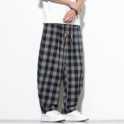 Buddha Stones Summer Plaid Pattern High Waist Drawstring Men's Harem Pants With Pockets