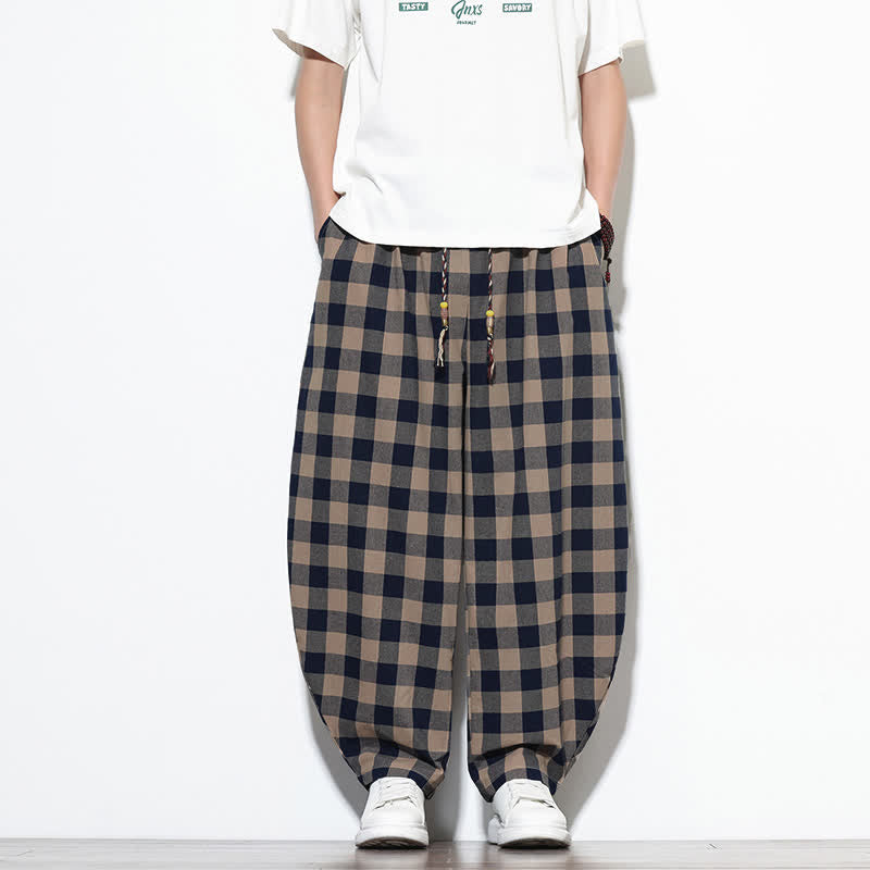 Buddha Stones Summer Plaid Pattern High Waist Drawstring Men's Harem Pants With Pockets
