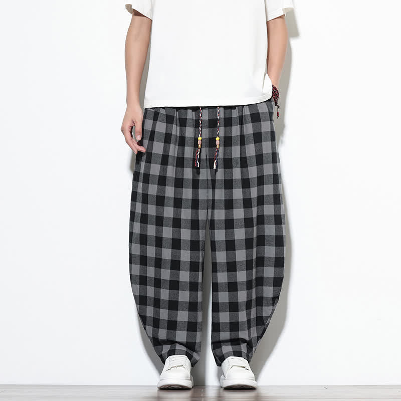 Buddha Stones Summer Plaid Pattern High Waist Drawstring Men's Harem Pants With Pockets