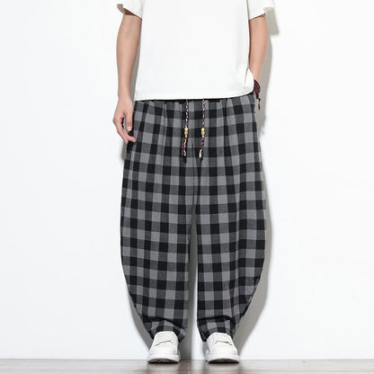 Buddha Stones Summer Plaid Pattern High Waist Drawstring Men's Harem Pants With Pockets