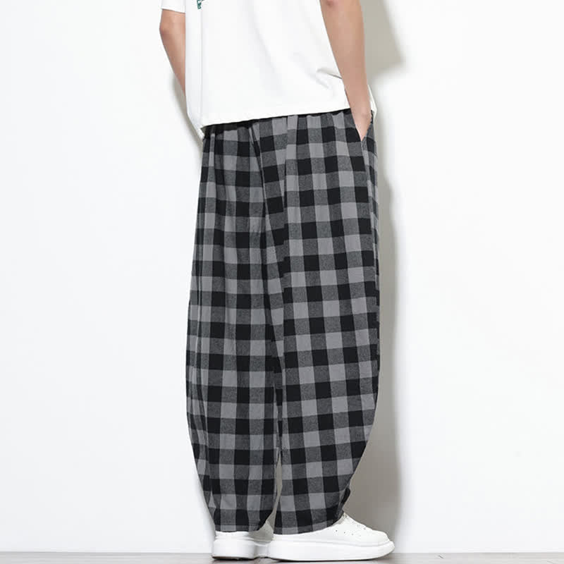 Buddha Stones Summer Plaid Pattern High Waist Drawstring Men's Harem Pants With Pockets