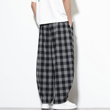 Buddha Stones Summer Plaid Pattern High Waist Drawstring Men's Harem Pants With Pockets