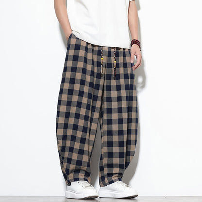 Buddha Stones Summer Plaid Pattern High Waist Drawstring Men's Harem Pants With Pockets