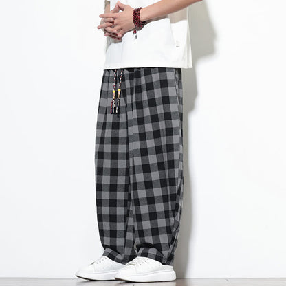 Buddha Stones Summer Plaid Pattern High Waist Drawstring Men's Harem Pants With Pockets