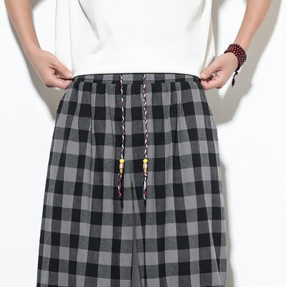 Buddha Stones Summer Plaid Pattern High Waist Drawstring Men's Harem Pants With Pockets