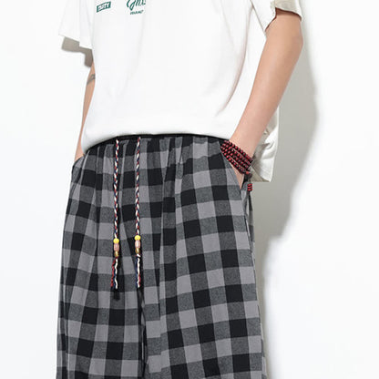 Buddha Stones Summer Plaid Pattern High Waist Drawstring Men's Harem Pants With Pockets