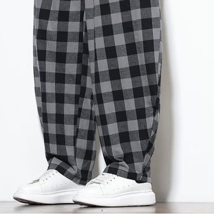 Buddha Stones Summer Plaid Pattern High Waist Drawstring Men's Harem Pants With Pockets
