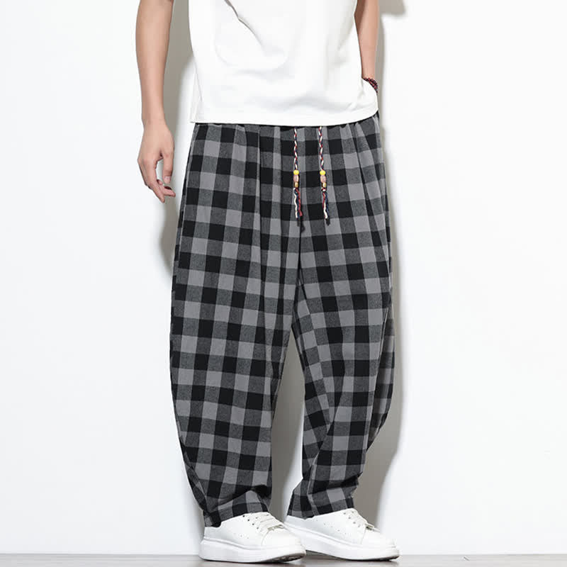 Buddha Stones Summer Plaid Pattern High Waist Drawstring Men's Harem Pants With Pockets