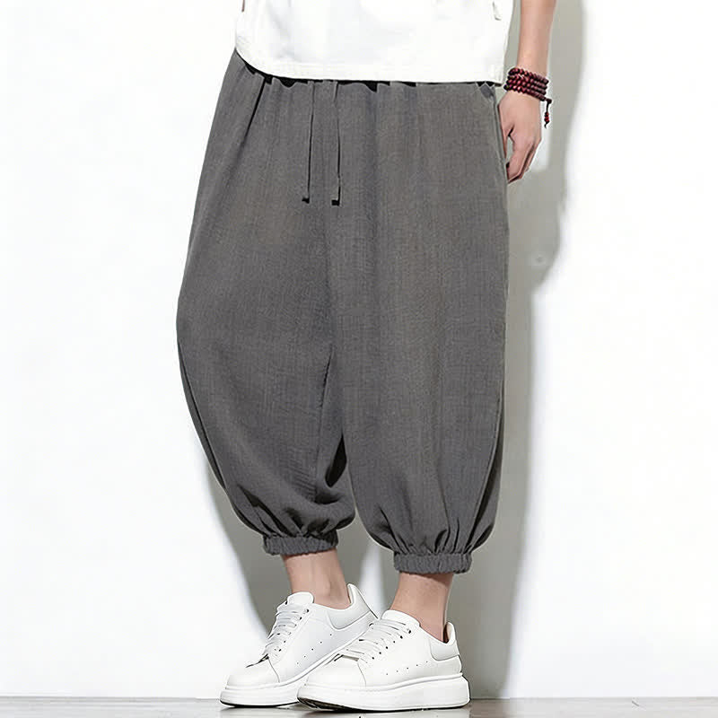 Buddha Stones Spring Solid Color Drawstring Elastic Design Men's Harem Capri Pants
