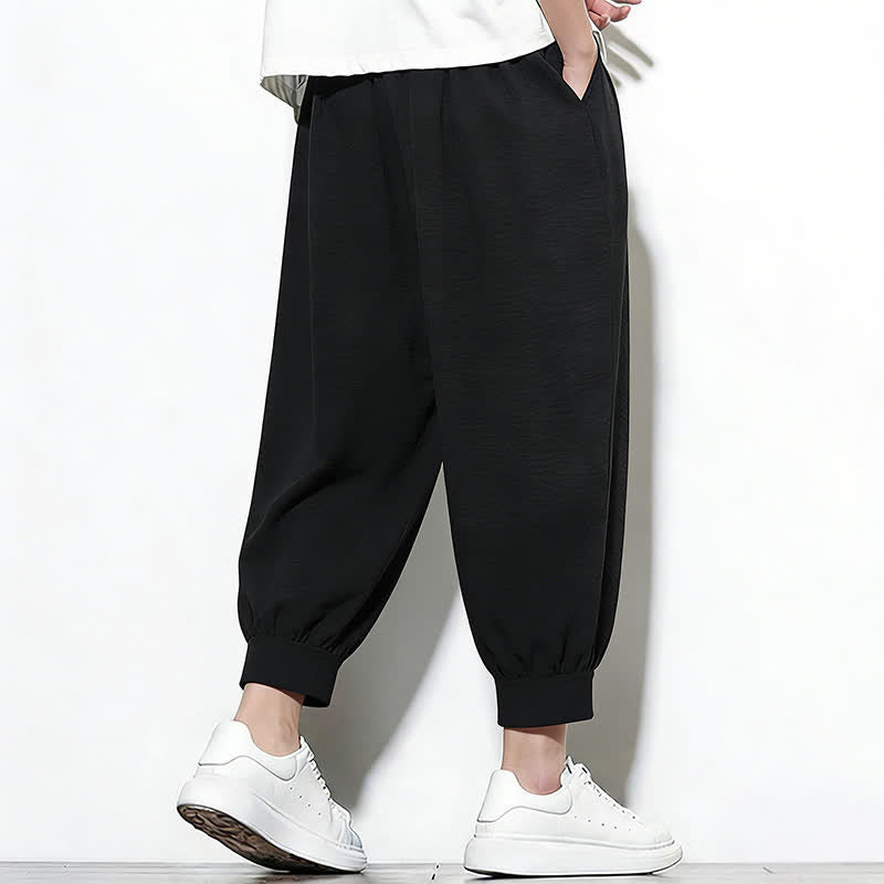 Buddha Stones Spring Solid Color Drawstring Elastic Design Men's Harem Capri Pants