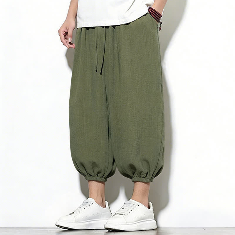 Buddha Stones Spring Solid Color Drawstring Elastic Design Men's Harem Capri Pants