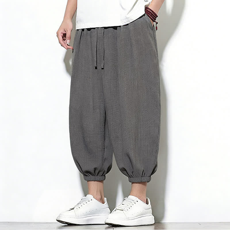 Buddha Stones Spring Solid Color Drawstring Elastic Design Men's Harem Capri Pants