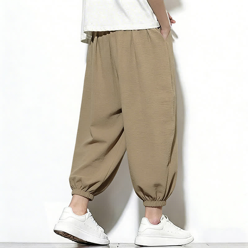 Buddha Stones Spring Solid Color Drawstring Elastic Design Men's Harem Capri Pants