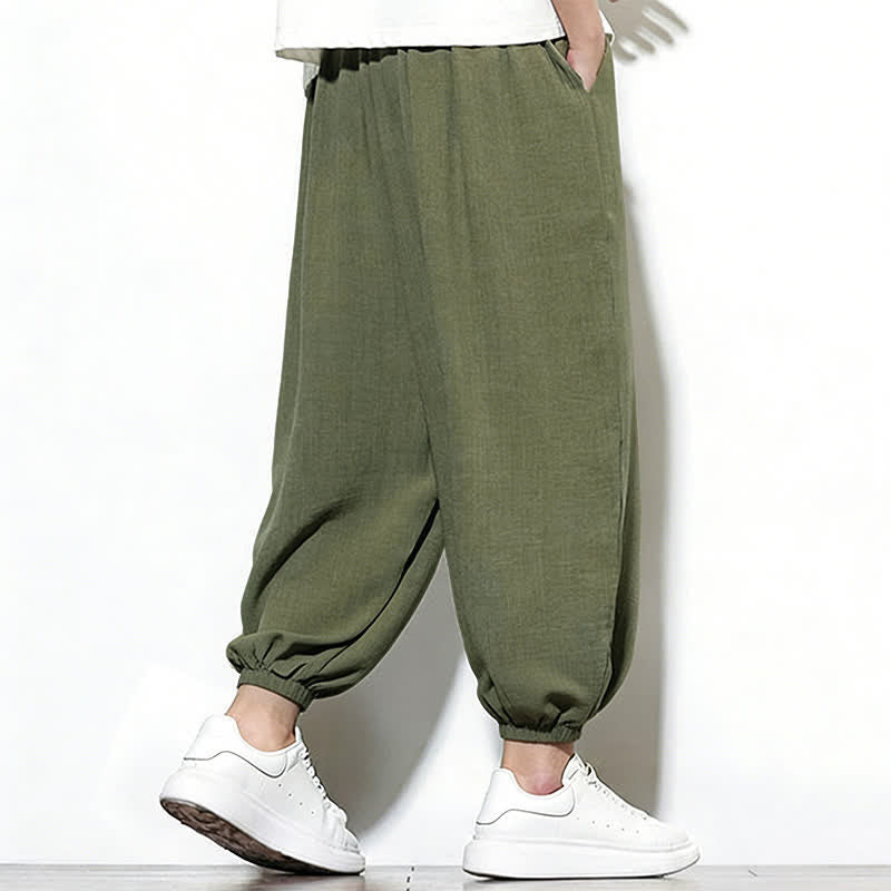 Buddha Stones Spring Solid Color Drawstring Elastic Design Men's Harem Capri Pants