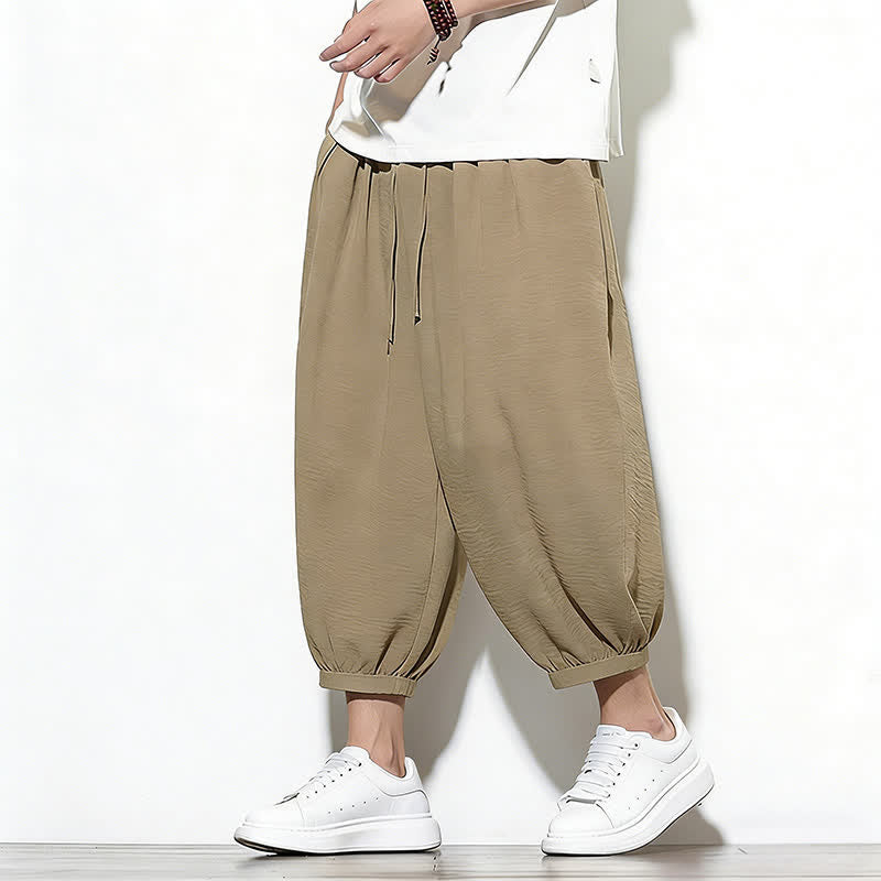 Buddha Stones Spring Solid Color Drawstring Elastic Design Men's Harem Capri Pants