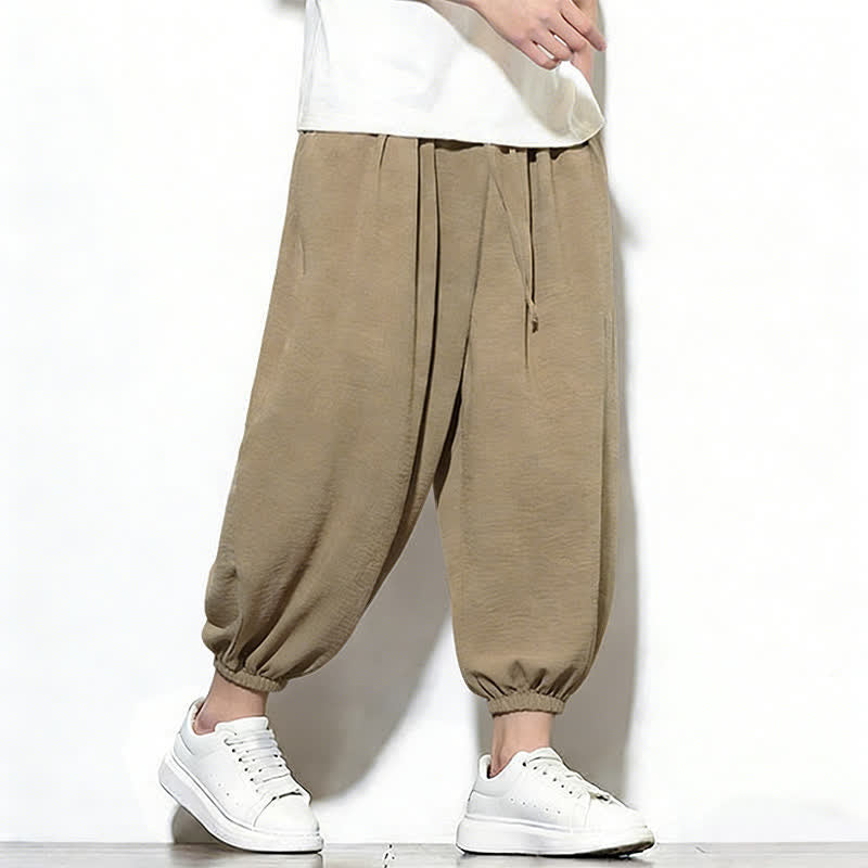 Buddha Stones Spring Solid Color Drawstring Elastic Design Men's Harem Capri Pants