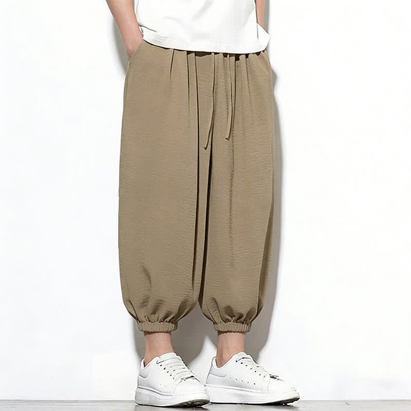 Buddha Stones Spring Solid Color Drawstring Elastic Design Men's Harem Capri Pants
