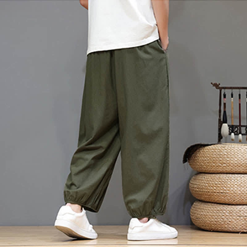 Buddha Stones Summer Zen Elastic Waist Cuff Men's Cropped Harem Pants With Pockets