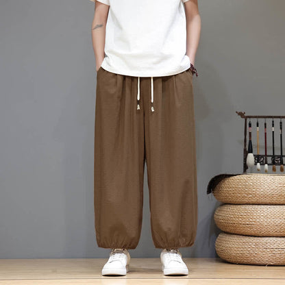 Buddha Stones Summer Zen Elastic Waist Cuff Men's Cropped Harem Pants With Pockets