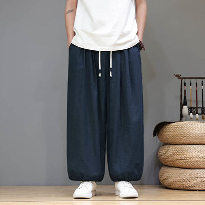 Buddha Stones Summer Zen Elastic Waist Cuff Men's Cropped Harem Pants With Pockets