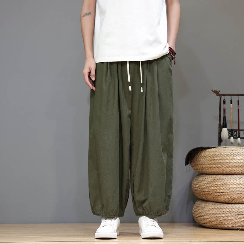 Buddha Stones Summer Zen Elastic Waist Cuff Men's Cropped Harem Pants With Pockets