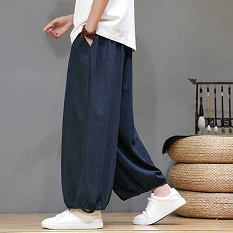 Buddha Stones Summer Zen Elastic Waist Cuff Men's Cropped Harem Pants With Pockets