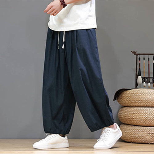 Buddha Stones Summer Zen Elastic Waist Cuff Men's Cropped Harem Pants With Pockets