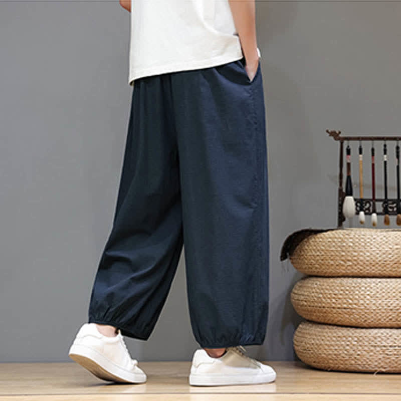 Buddha Stones Summer Zen Elastic Waist Cuff Men's Cropped Harem Pants With Pockets