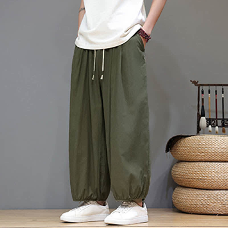 Buddha Stones Summer Zen Elastic Waist Cuff Men's Cropped Harem Pants With Pockets