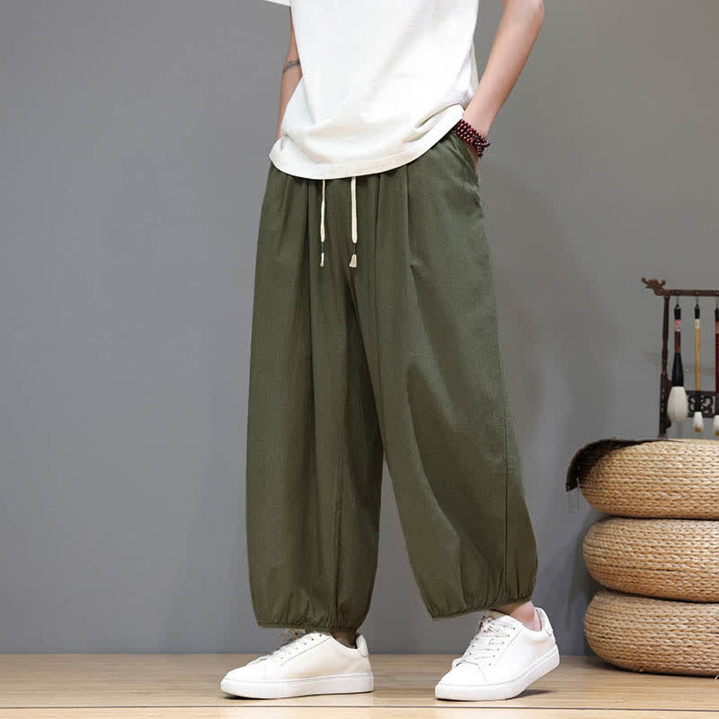Buddha Stones Summer Zen Elastic Waist Cuff Men's Cropped Harem Pants With Pockets