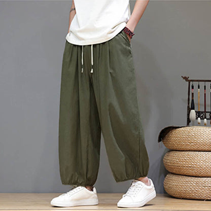 Buddha Stones Summer Zen Elastic Waist Cuff Men's Cropped Harem Pants With Pockets