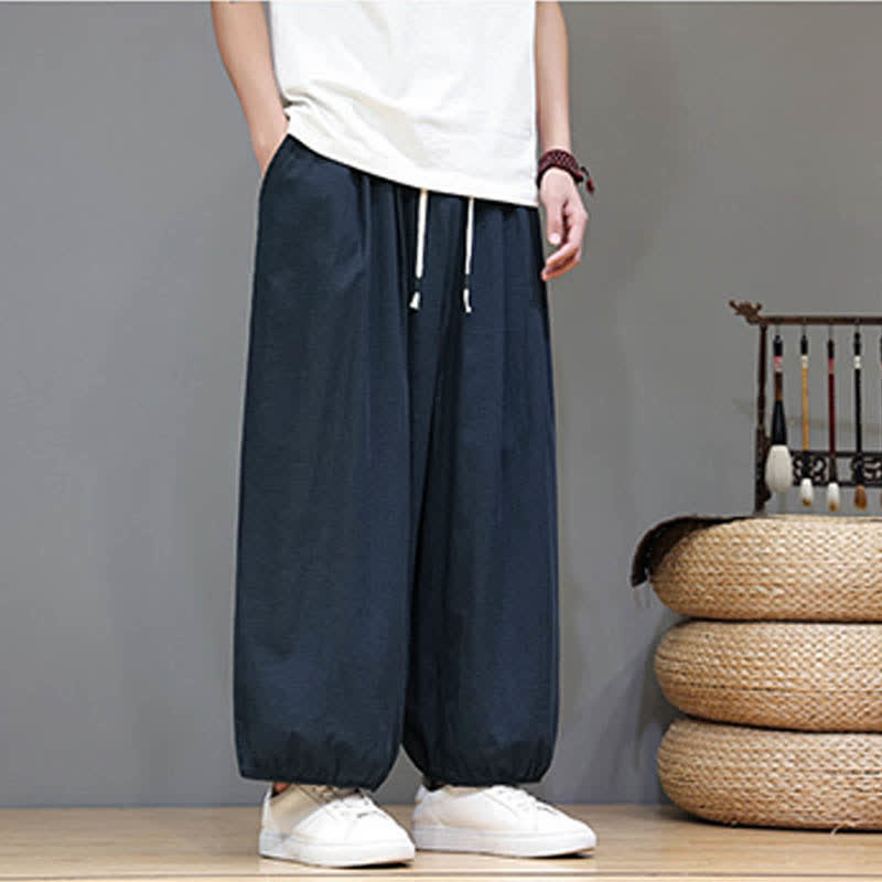 Buddha Stones Summer Zen Elastic Waist Cuff Men's Cropped Harem Pants With Pockets