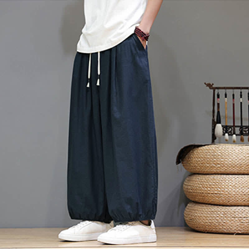 Buddha Stones Summer Zen Elastic Waist Cuff Men's Cropped Harem Pants With Pockets
