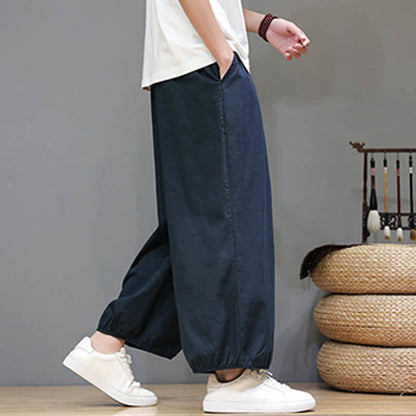 Buddha Stones Summer Zen Elastic Waist Cuff Men's Cropped Harem Pants With Pockets