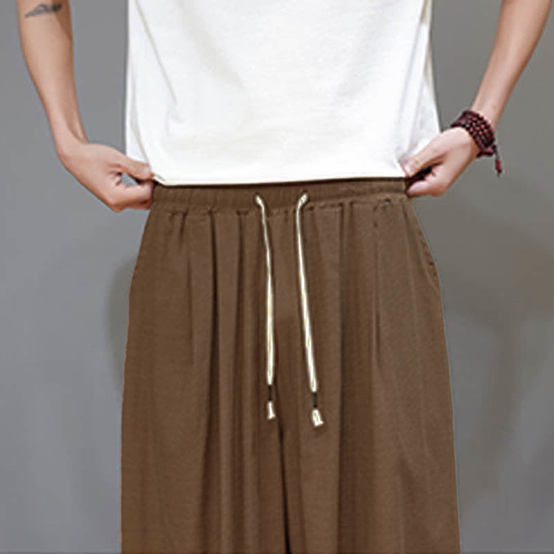 Buddha Stones Summer Zen Elastic Waist Cuff Men's Cropped Harem Pants With Pockets