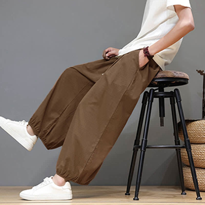 Buddha Stones Summer Zen Elastic Waist Cuff Men's Cropped Harem Pants With Pockets