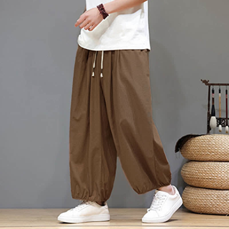 Buddha Stones Summer Zen Elastic Waist Cuff Men's Cropped Harem Pants With Pockets