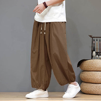 Buddha Stones Summer Zen Elastic Waist Cuff Men's Cropped Harem Pants With Pockets