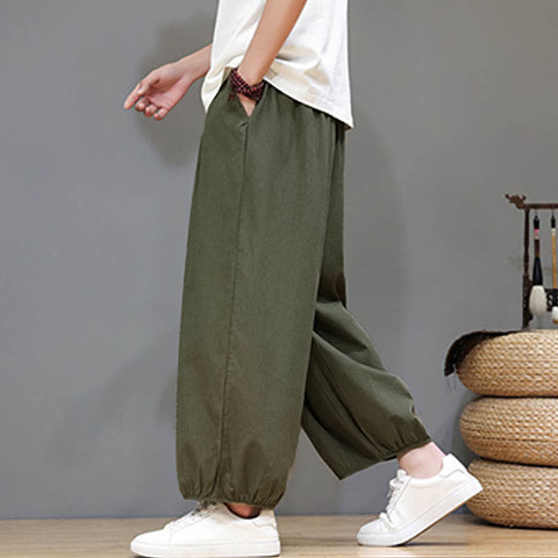 Buddha Stones Summer Zen Elastic Waist Cuff Men's Cropped Harem Pants With Pockets
