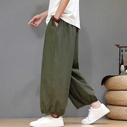 Buddha Stones Summer Zen Elastic Waist Cuff Men's Cropped Harem Pants With Pockets