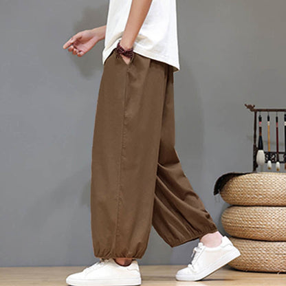 Buddha Stones Summer Zen Elastic Waist Cuff Men's Cropped Harem Pants With Pockets