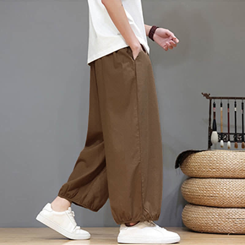 Buddha Stones Summer Zen Elastic Waist Cuff Men's Cropped Harem Pants With Pockets