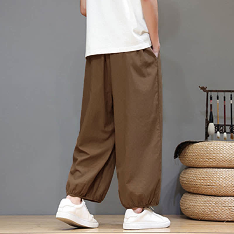 Buddha Stones Summer Zen Elastic Waist Cuff Men's Cropped Harem Pants With Pockets