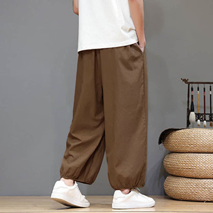 Buddha Stones Summer Zen Elastic Waist Cuff Men's Cropped Harem Pants With Pockets