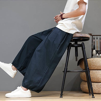 Buddha Stones Summer Zen Elastic Waist Cuff Men's Cropped Harem Pants With Pockets