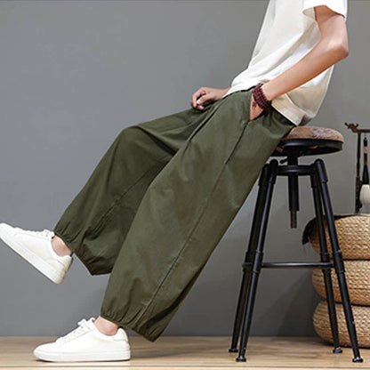 Buddha Stones Summer Zen Elastic Waist Cuff Men's Cropped Harem Pants With Pockets