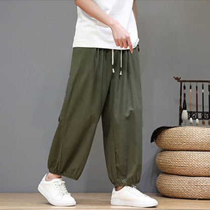 Buddha Stones Summer Zen Elastic Waist Cuff Men's Cropped Harem Pants With Pockets