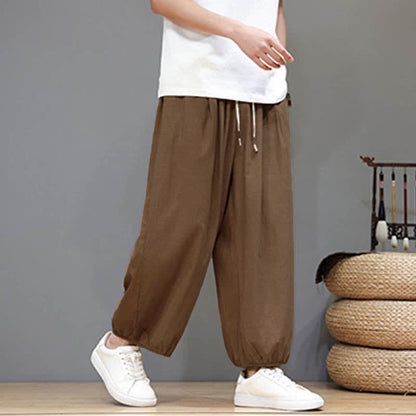 Buddha Stones Summer Zen Elastic Waist Cuff Men's Cropped Harem Pants With Pockets