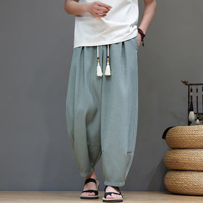Buddha Stones Summer Drawstring Solid Men's Elastic Waist Harem Pants With Pockets